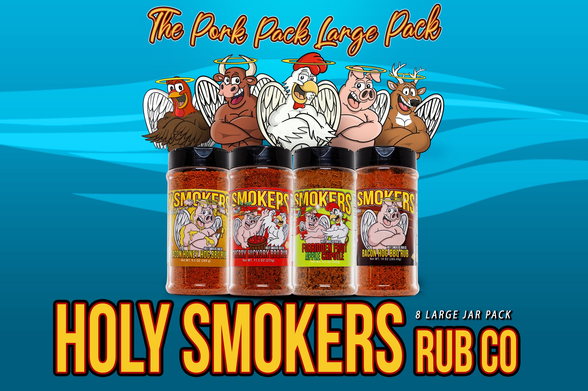 Holy Smokers Pork Pack featuring Bacon Hog, Honey Bacon Hog, Cherry Hickory, and Forbidden Fruit Apple Chipotle rubs.