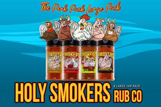 Holy Smokers Pork Pack featuring Bacon Hog, Honey Bacon Hog, Cherry Hickory, and Forbidden Fruit Apple Chipotle rubs.