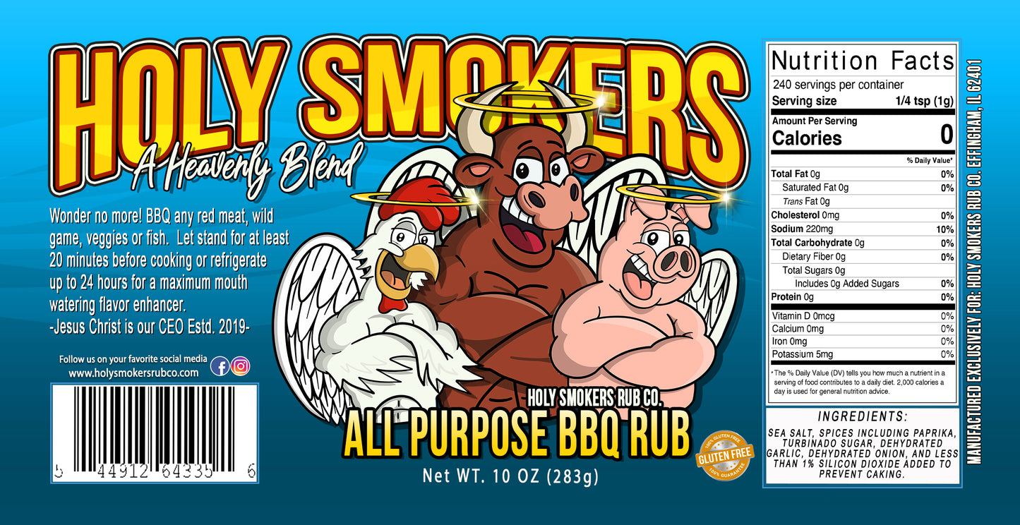 All Purpose BBQ Rub by Holy Smokers Rub Co, for any beef, pork, poultry, sea food and veggies