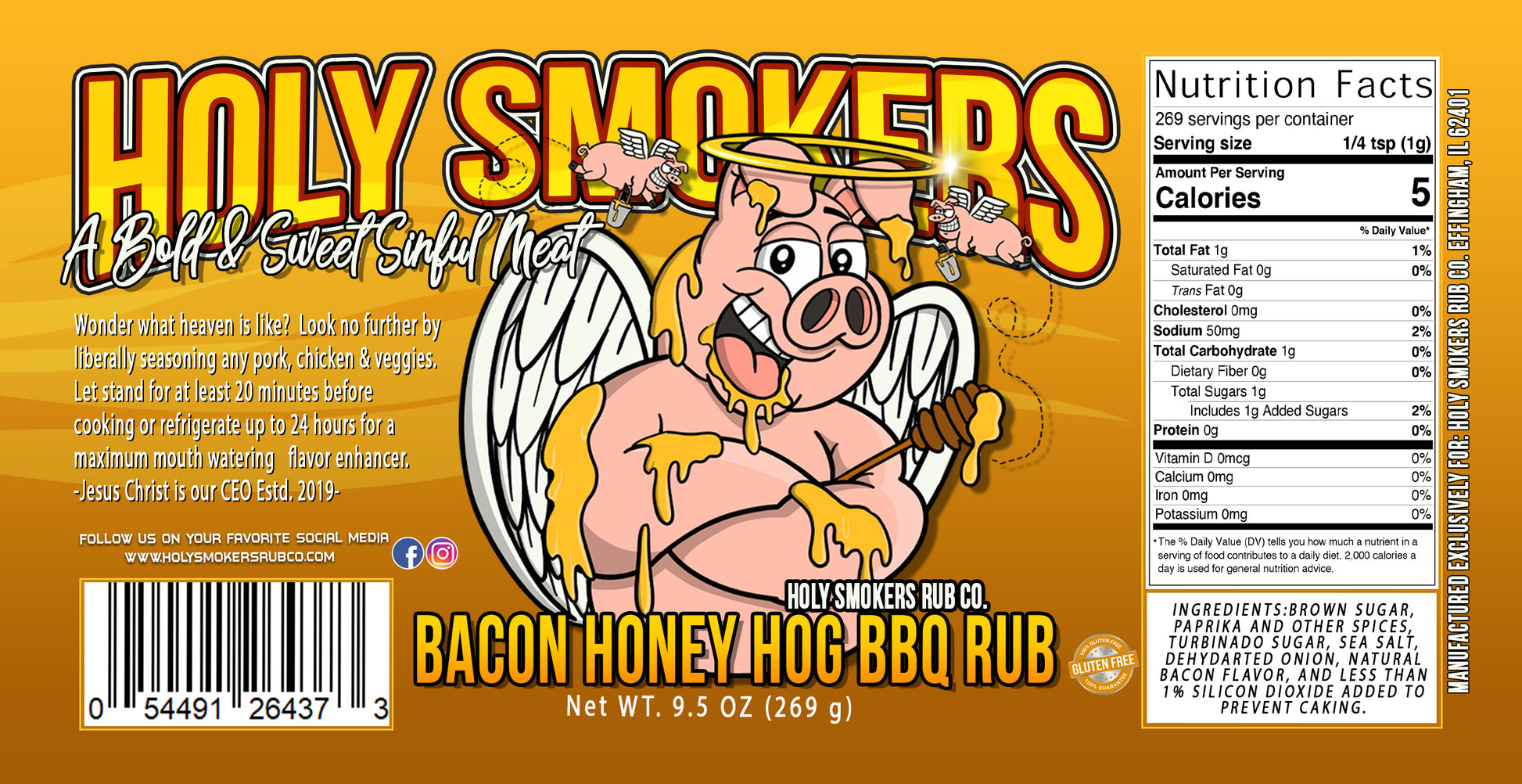 Bacon Honey Hog bbq rub by Holy Smokers Rub Co, for any beef, pork, poultry, sea food and veggies