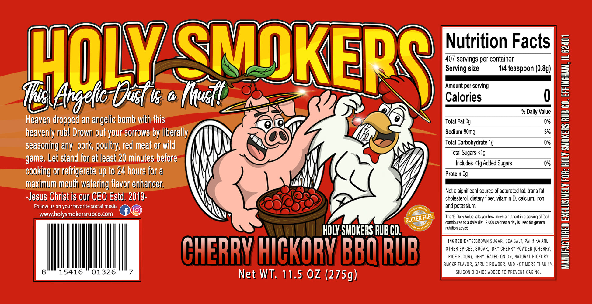 Cherry Hickory BBQ Rub by Holy Smokers Rub Co, for any beef, pork, poultry, sea food and veggies