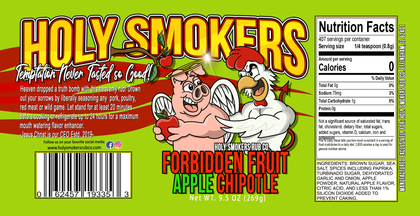 Forbidden Fruit Apple Chipotle bbq rub by Holy Smokers Rub Co, for any beef, pork, poultry, sea food and veggies