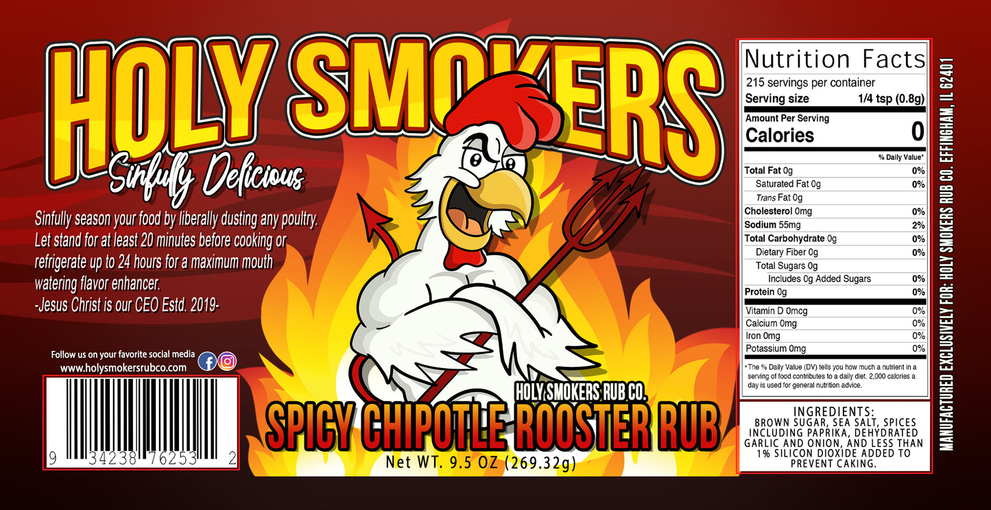 Holy Smokers The Rooster Spicy Chipotle BBQ rub jar surrounded by smoky chipotle peppers and chili flakes, emphasizing a bold, smoky, and spicy seasoning ideal for chicken and barbecue.