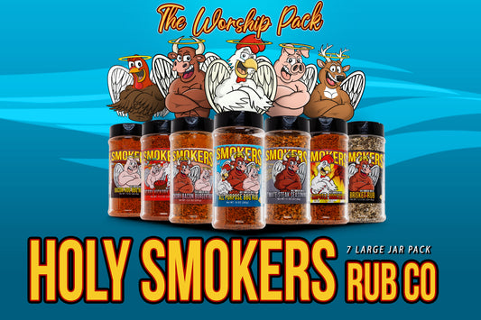 7 heavenly flavors for any grilling or bbq or indoor use. These bbq seasonings are All Purpose, Bacon Hog rub, Cherry Hickory Sweet bbq, Gourmet Hickory Bacon Burger, Ultimate Steak seasoning, The Rooster Spicy Chipotle bbq rub, and The Brisket All Purpose seasoning.
