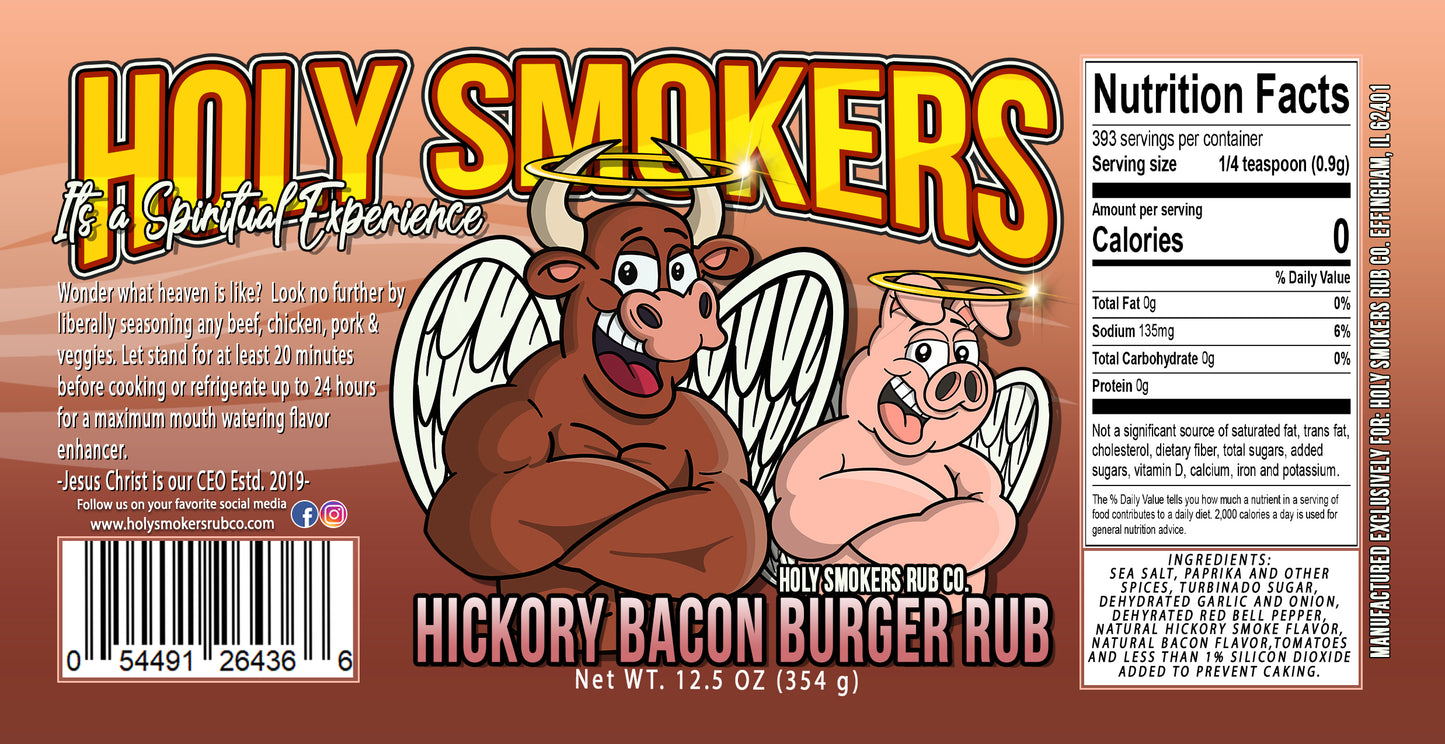 Gourmet Burger: Hickory Bacon Burger seasoning – smoky hickory blend with real bacon flavor, perfect for burgers, meatloaf, and grilled veggies.