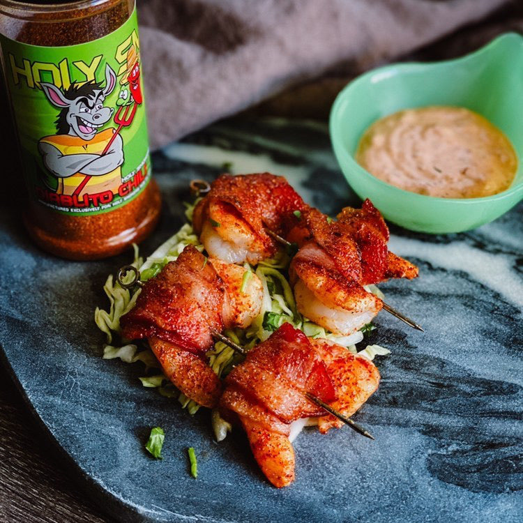 the Best Diablito Chili Lime steak taco seasoning. These bacon wrapped shrimp kabobs are a must. Seasoned with the best citrus seasoning on the market.