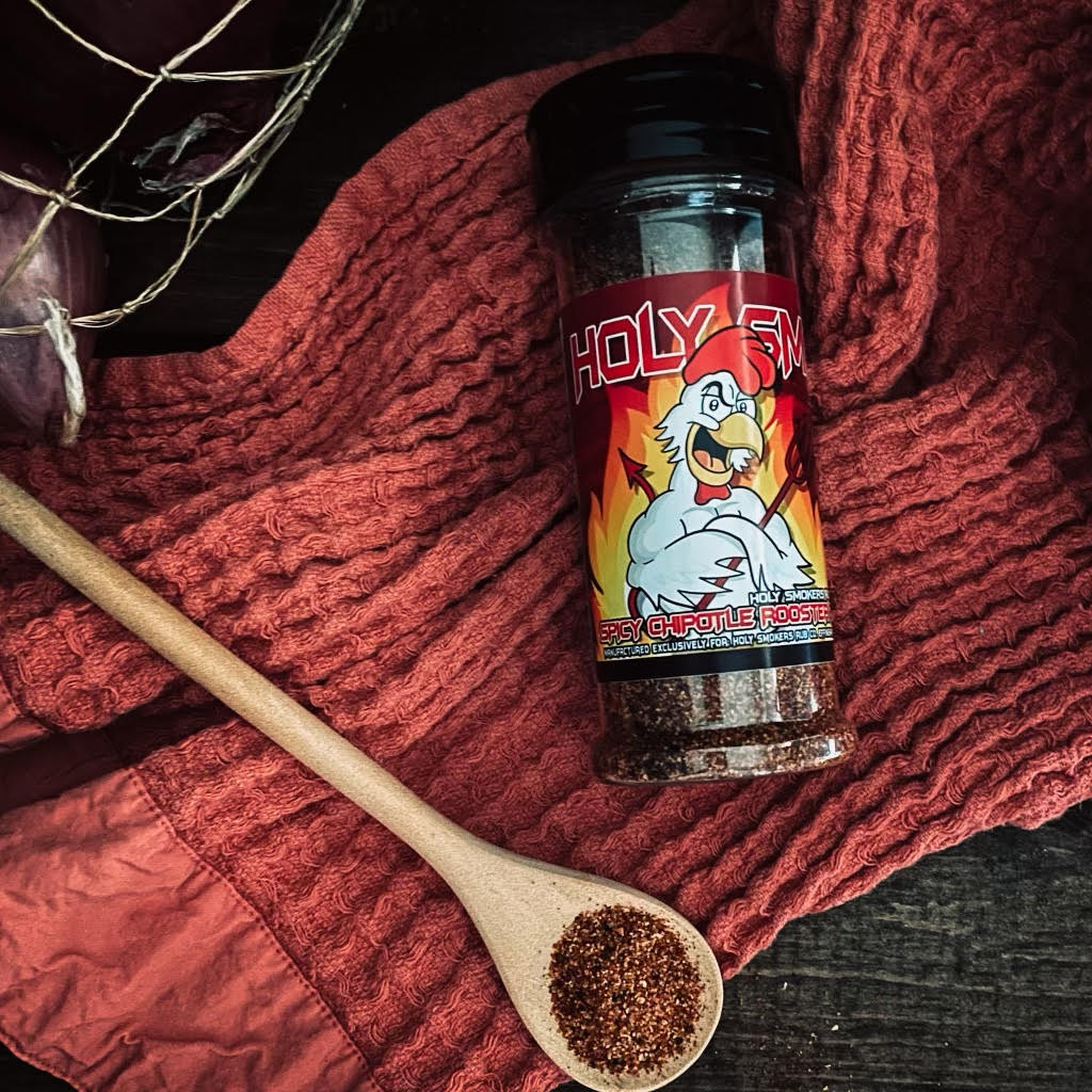 Holy Smokers Rub Co's The Rooster Spicy Chipotle BBQ Rub for any beef, chicken, pork, veggies and fish.