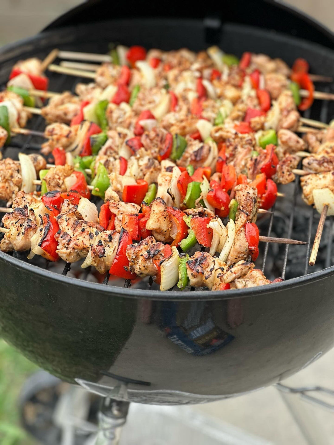 Grilled chicken kabobs seasoned with Holy Smokers BBQ rub, showing juicy marinated chicken pieces skewered and char-grilled with light grill marks, presented as a tender and flavorful barbecue-style chicken skewer dish.
