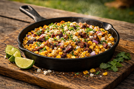 Smoky esquites (Mexican street corn) mixed with chopped smoked brisket, coated in creamy lime sauce and topped with cotija cheese, herbs, and BBQ seasoning, served as a rich, savory Texas-style street corn bowl.