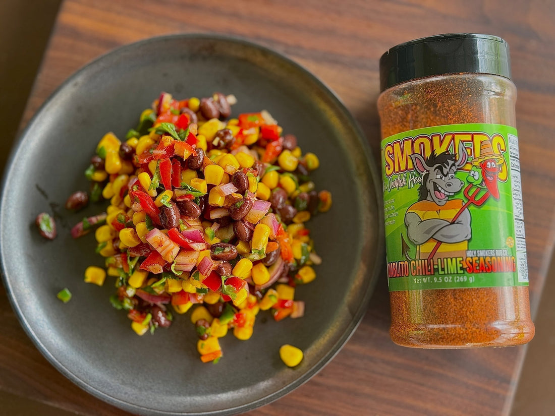Southwestern black bean and corn salsa featuring black beans, sweet corn, and chili lime seasoning, shown as a vibrant, colorful fresh salsa mix with bold citrus-spice flavor, perfect as a dip or topping.