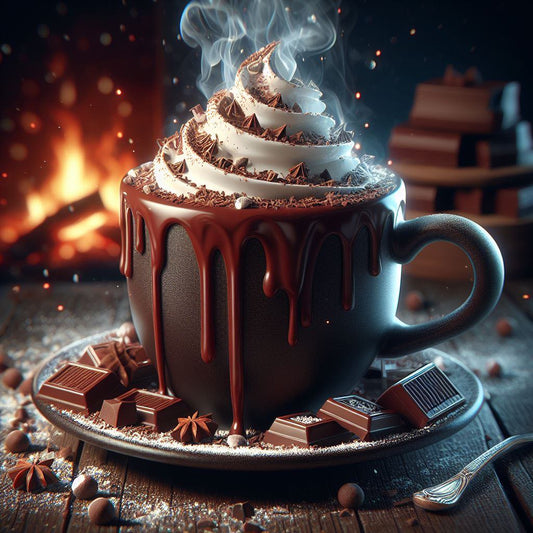 Smoked hot cocoa served in a festive holiday mug, showing rich, creamy chocolate topped with whipped cream or marshmallows and a light smoky aroma, presented as a warm winter seasonal drink with a cozy, indulgent feel.