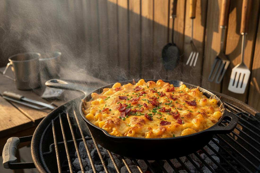 Smoked five-cheese mac and cheese cooked in a cast iron skillet over pecan wood, featuring a creamy saucy texture, golden cheese pull, and topped with crispy bacon crumbles for a bold BBQ side dish.