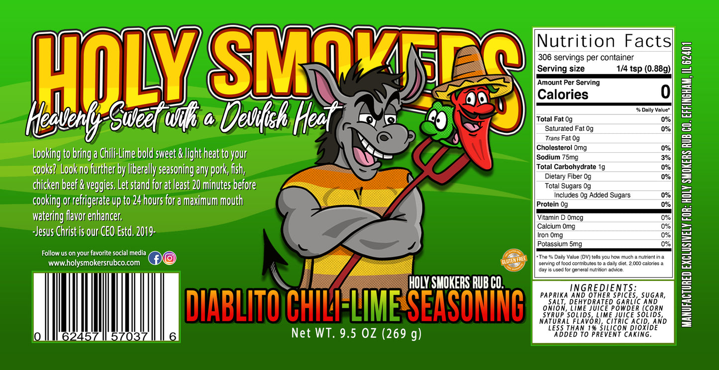 Diablito Chili Lime seasoning by Holy Smokers Rub Co, for any beef, pork, poultry, sea food and veggies