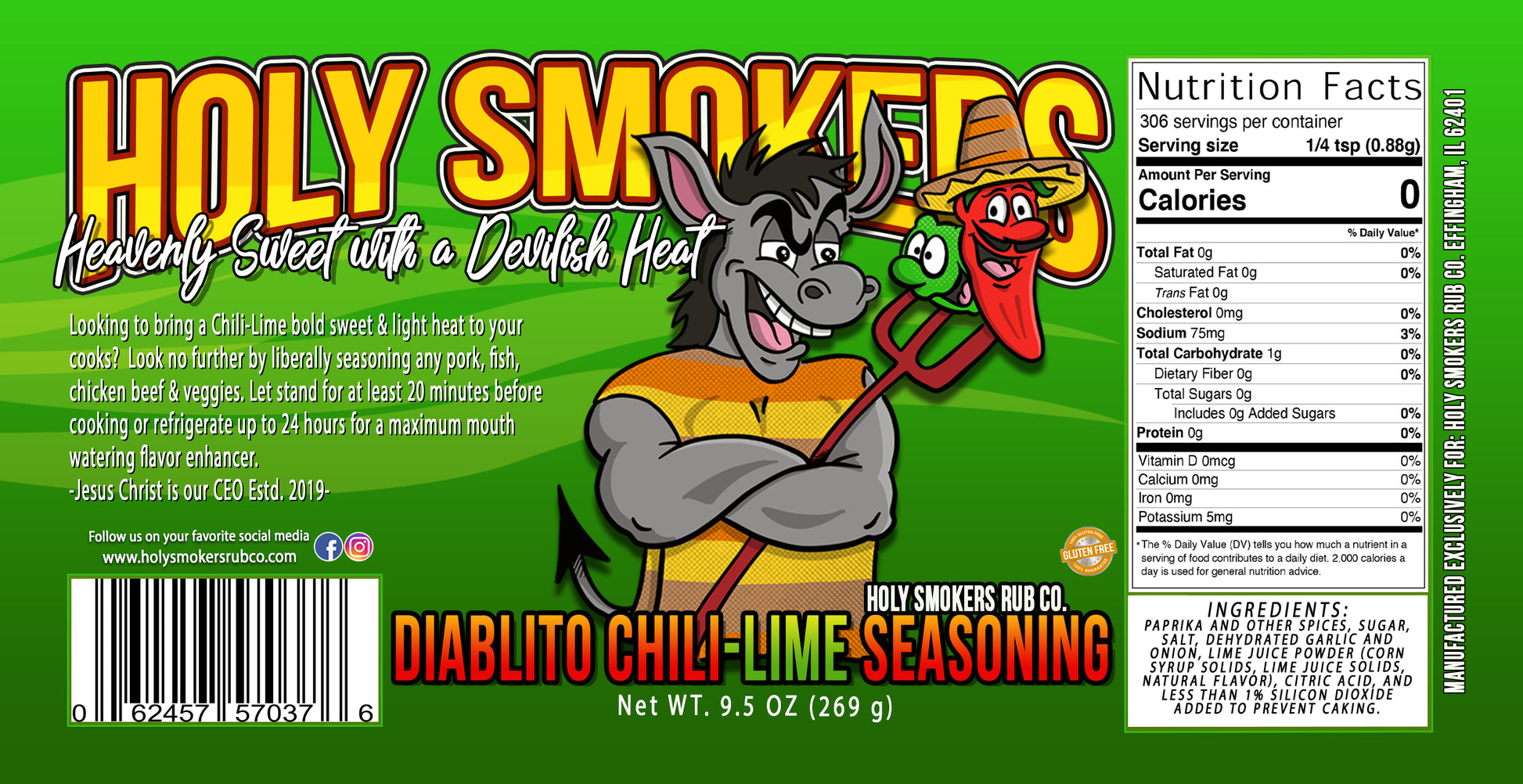 Diablito Chili Lime seasoning by Holy Smokers Rub Co, for any beef, pork, poultry, sea food and veggies