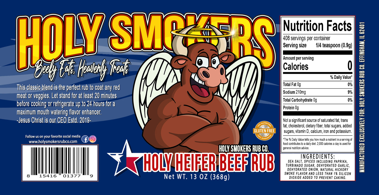 Holy Heifer Beef Rub, the best bbq rubs and seasoning for beef by Holy Smokers Rub Co, for any beef, pork, poultry, sea food and veggies