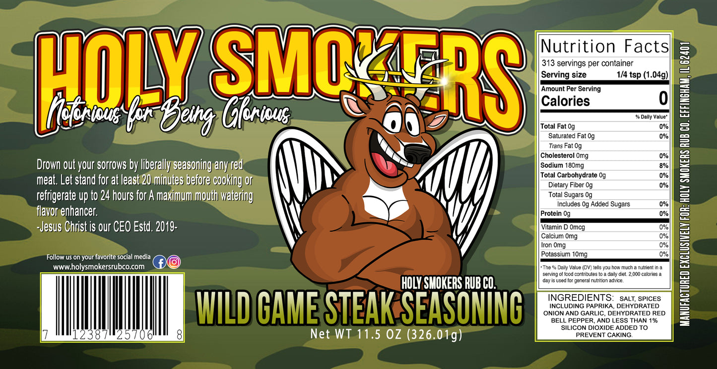 Wild Game hunters, here's your perfect bbq rub and seasoning by Holy Smokers Rub Co, for any beef, pork, poultry, sea food, wild game, turkey, deer, elk and veggies