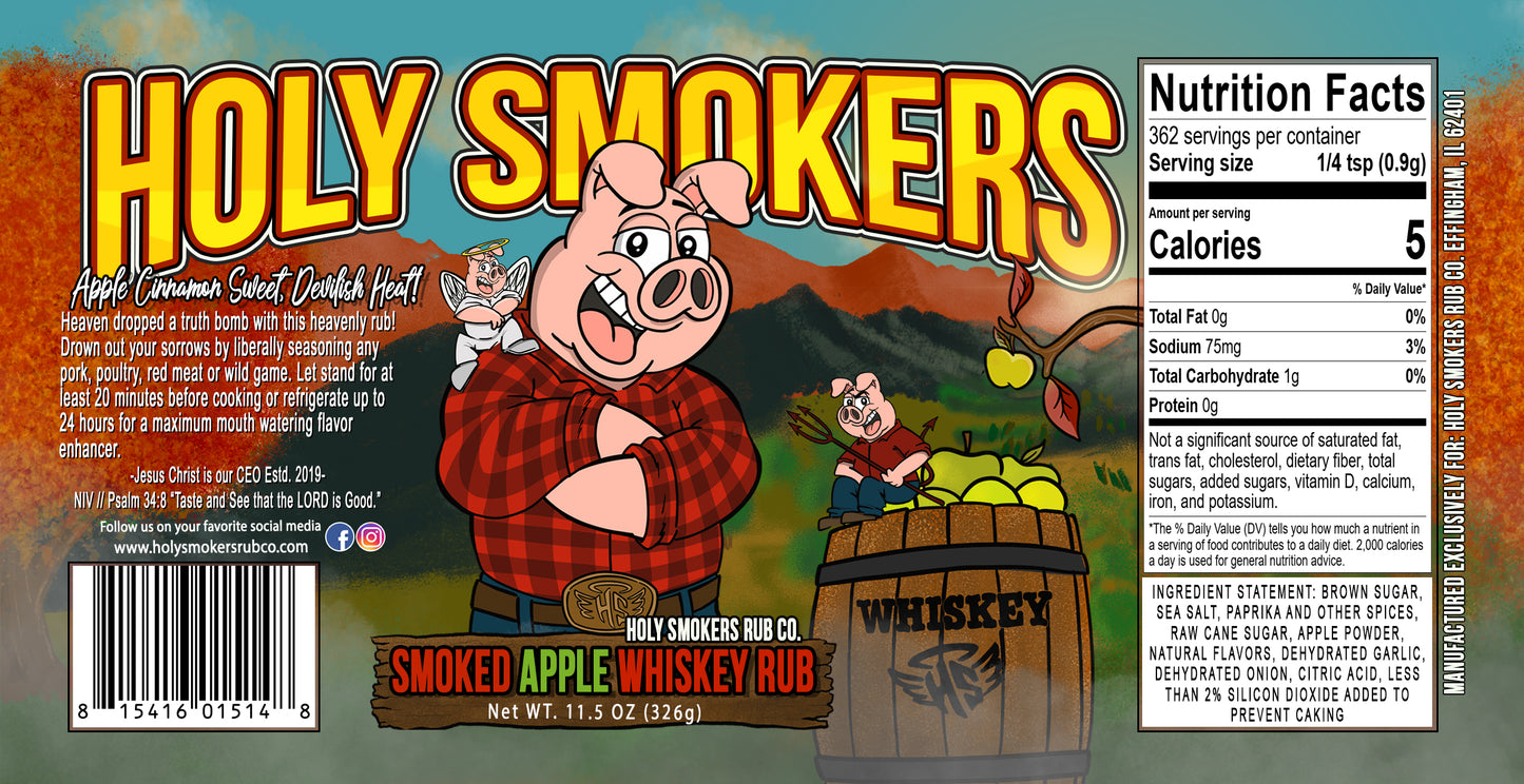Holy Smokers Rub Co. Smoked Apple Whiskey Rub in a bold product scene with smoky whiskey, apple slices, cinnamon, and scattered seasoning.