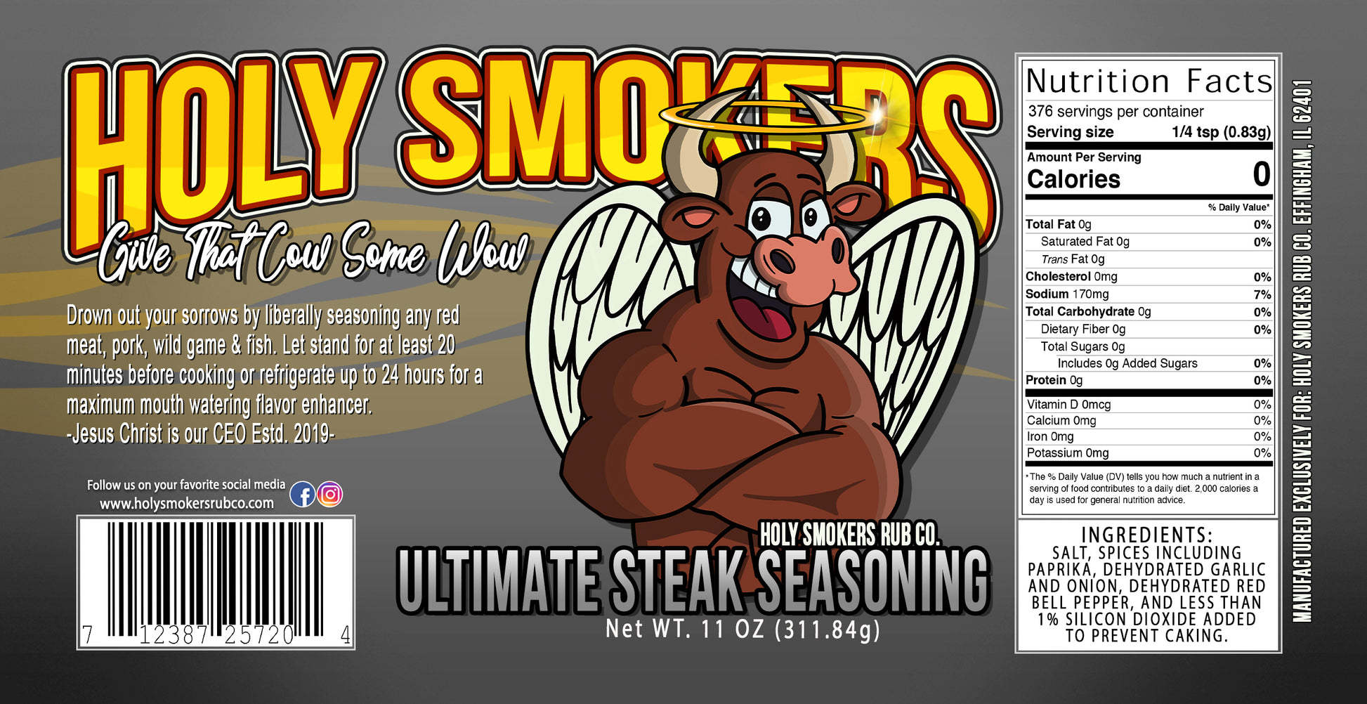 Ultimate Steak Seasoning – savory blend of cracked pepper, garlic, and herbs, designed for grilling ribeyes, NY strips, and smoked beef.