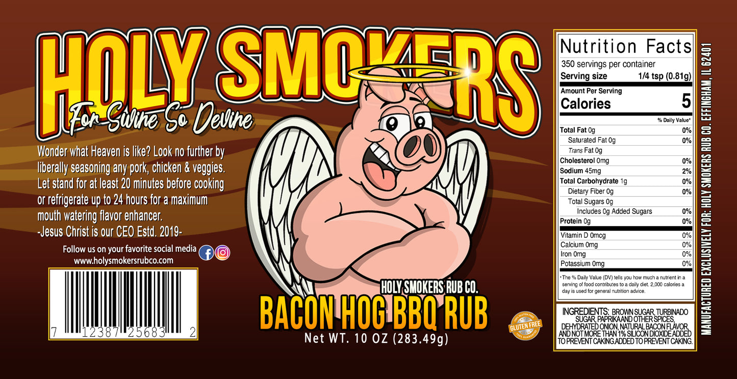 Close-up of Holy Smokers Bacon Hog BBQ rub jar with crispy bacon strips and smoky seasoning ingredients in the background, highlighting the rich, smoky bacon flavor perfect for pork and grilled meats.