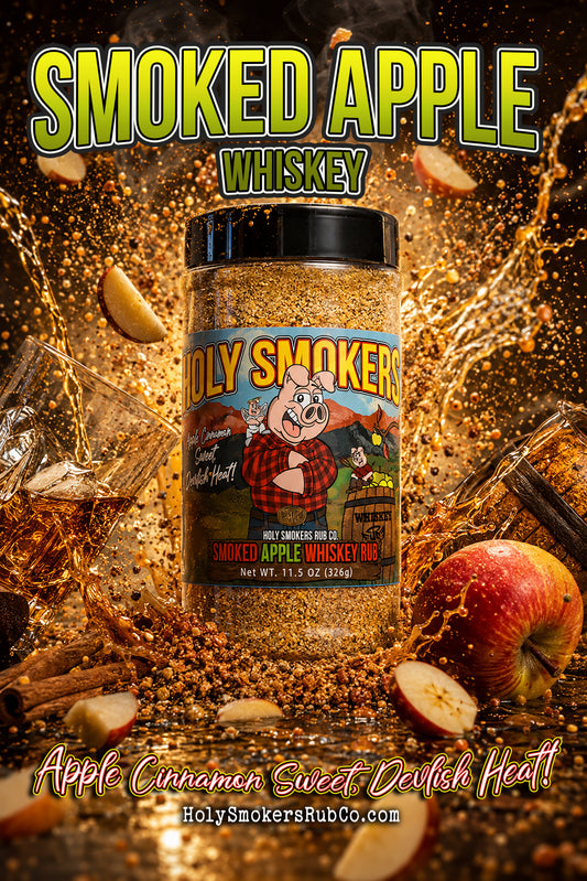 Smoked Apple Whiskey seasoning from Holy Smokers Rub Co. surrounded by apples, cinnamon, whiskey splash, smoke, and flying spices.