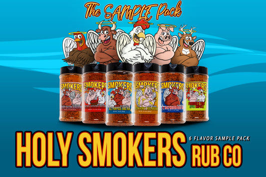Holy Smokers Rub Co. Sample Pack featuring 6 premium BBQ rubs – Holy Heifer Beef Rub, Cherry Hickory BBQ Sweet, Honey Bacon Hog, AP BBQ Rub, Forbidden Fruit Apple Chipotle, and Hickory Bacon Burger Seasoning. Perfect for backyard grilling, competition BBQ, and discovering your favorite bold flavor.