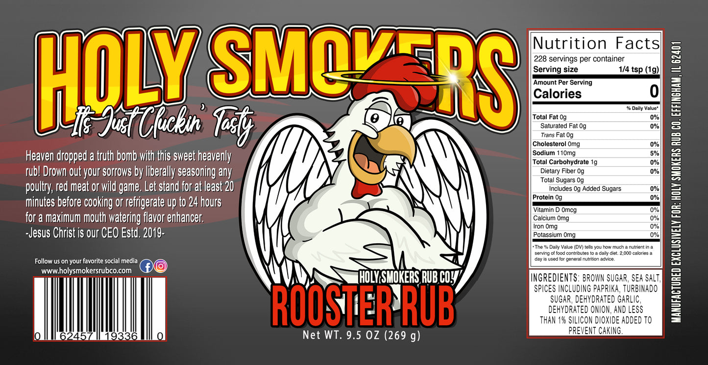 Jar of Holy Smokers The Rooster Sweet BBQ rub with fresh red chili peppers and brown sugar, highlighting a balanced sweet and mild spicy flavor perfect for chicken and grilling.