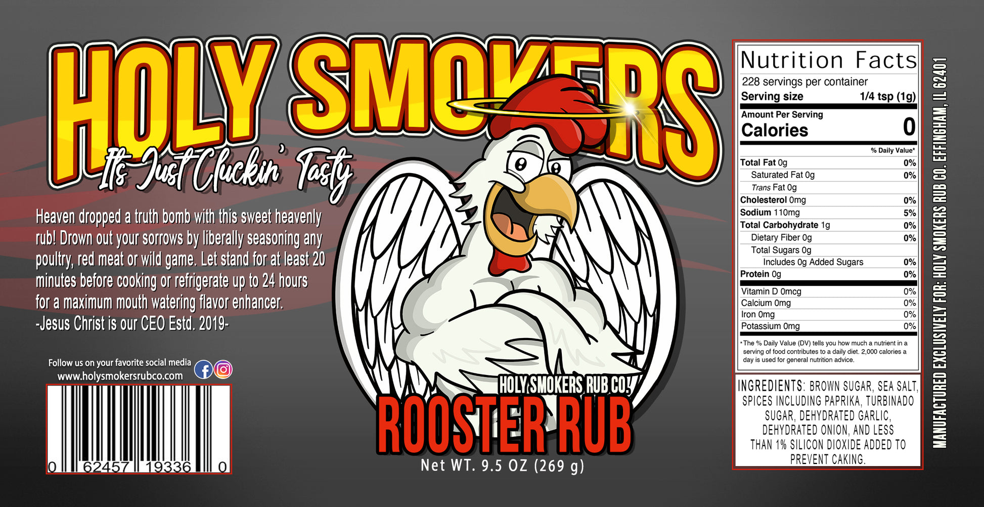 Jar of Holy Smokers The Rooster Sweet BBQ rub with fresh red chili peppers and brown sugar, highlighting a balanced sweet and mild spicy flavor perfect for chicken and grilling.