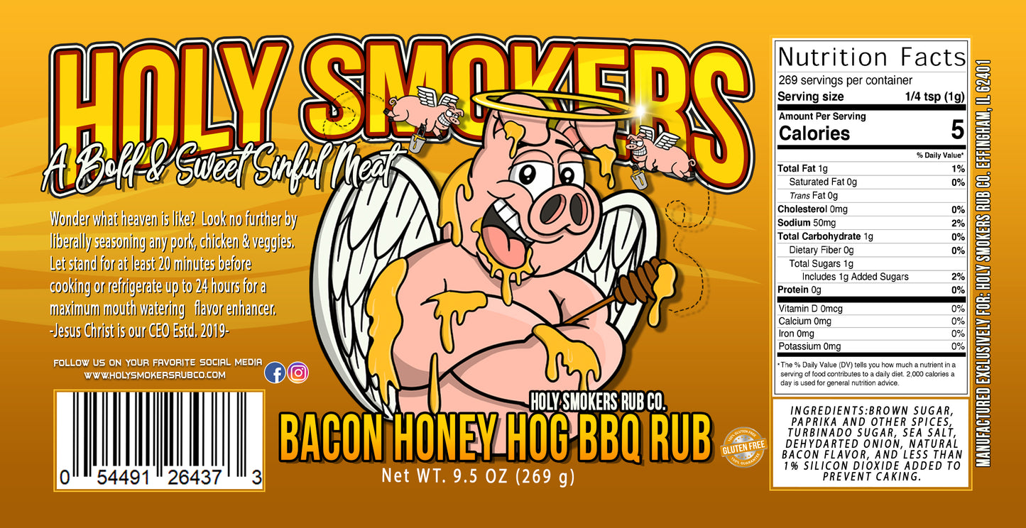 Jar of Holy Smokers Honey Bacon Hog BBQ rub surrounded by honey drizzle and crispy bacon pieces, showcasing a sweet and smoky seasoning blend ideal for pork and grilled dishes.