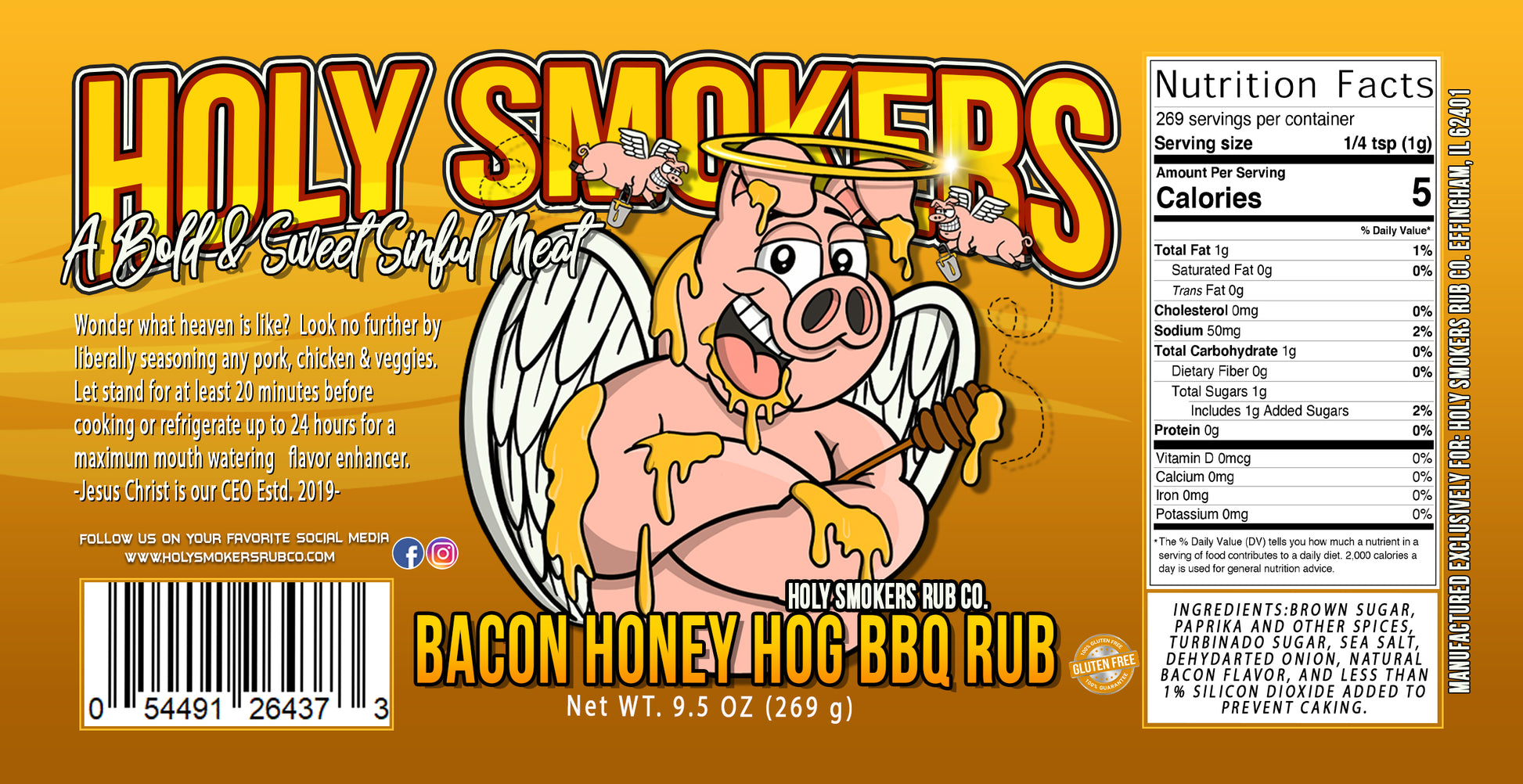 Jar of Holy Smokers Honey Bacon Hog BBQ rub surrounded by honey drizzle and crispy bacon pieces, showcasing a sweet and smoky seasoning blend ideal for pork and grilled dishes.