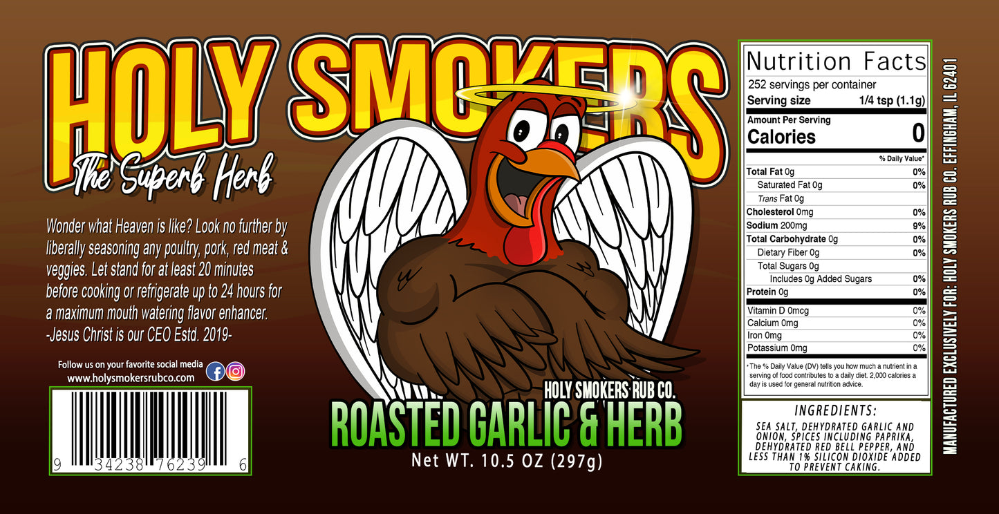 Roasted Garlic & Herb seasoning – savory herb blend with roasted garlic, crafted for smoked or oven-roasted turkey, stuffing, and vegetables.