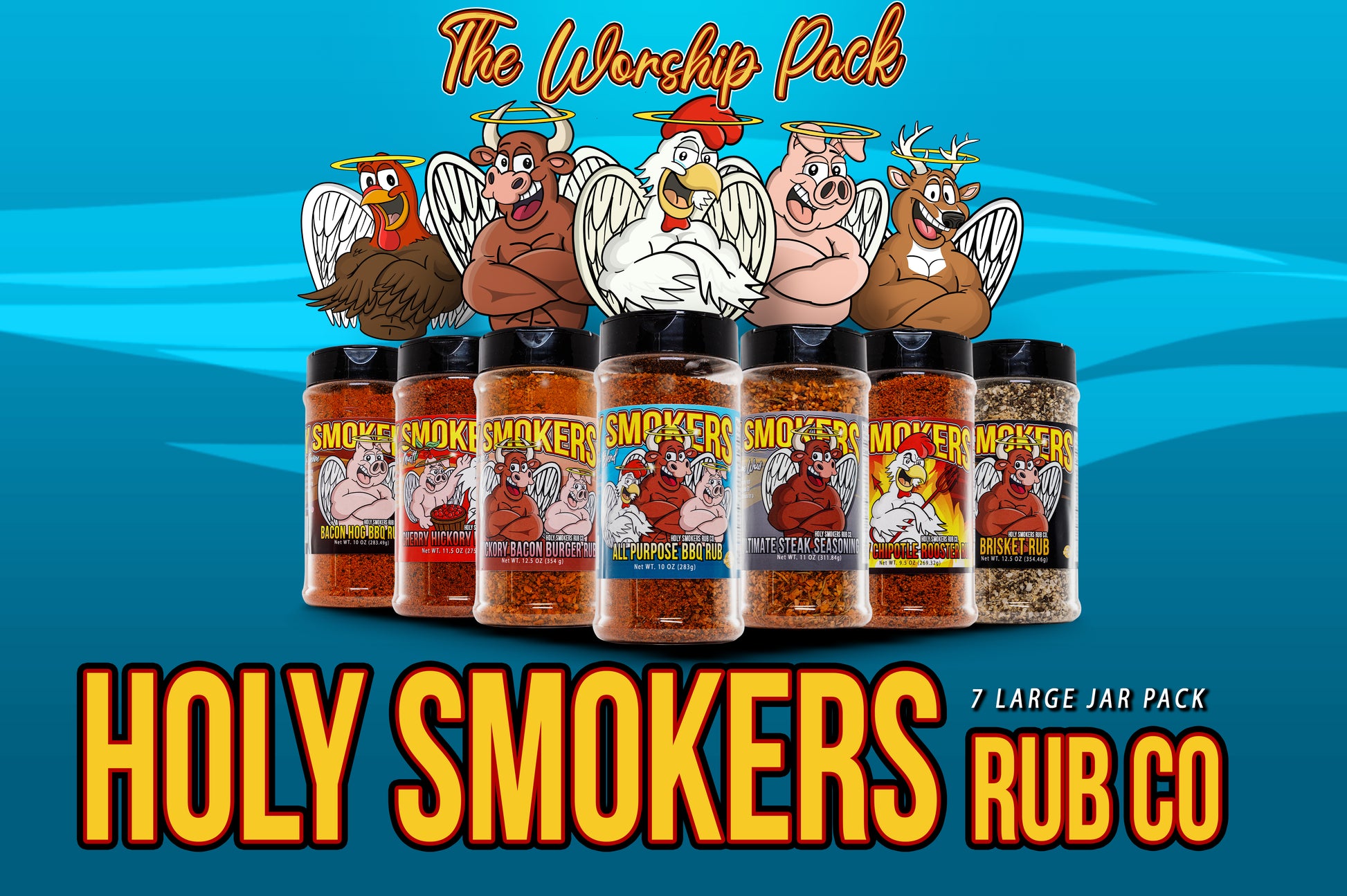 7 heavenly flavors for any grilling or bbq or indoor use. These bbq seasonings are All Purpose, Bacon Hog rub, Cherry Hickory Sweet bbq, Gourmet Hickory Bacon Burger, Ultimate Steak seasoning, The Rooster Spicy Chipotle bbq rub, and The Brisket All Purpose seasoning. 