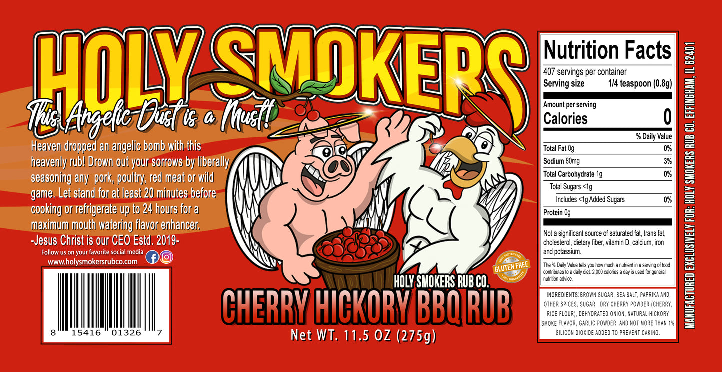 Close-up of Holy Smokers Cherry Hickory Sweet BBQ Rub jar surrounded by rich cherry wood chips, fresh cherries, and a blend of brown sugar and spices, capturing the sweet, smoky, and fruity flavor profile perfect for pork, ribs, and smoked meats.