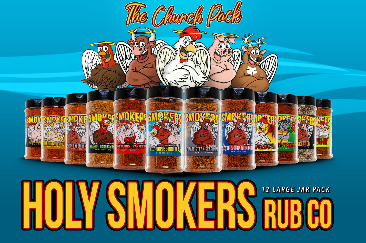 Holy Smokers Church Pack featuring 12 assorted BBQ rub jars neatly arranged, showcasing a vibrant variety of bold and unique flavors like Bacon Hog, Honey Bacon Hog, Cherry Hickory Sweet, and Spicy Chipotle. Perfect for gifting, fundraisers, or variety cooking, this collection offers something for every grilling and smoking enthusiast.