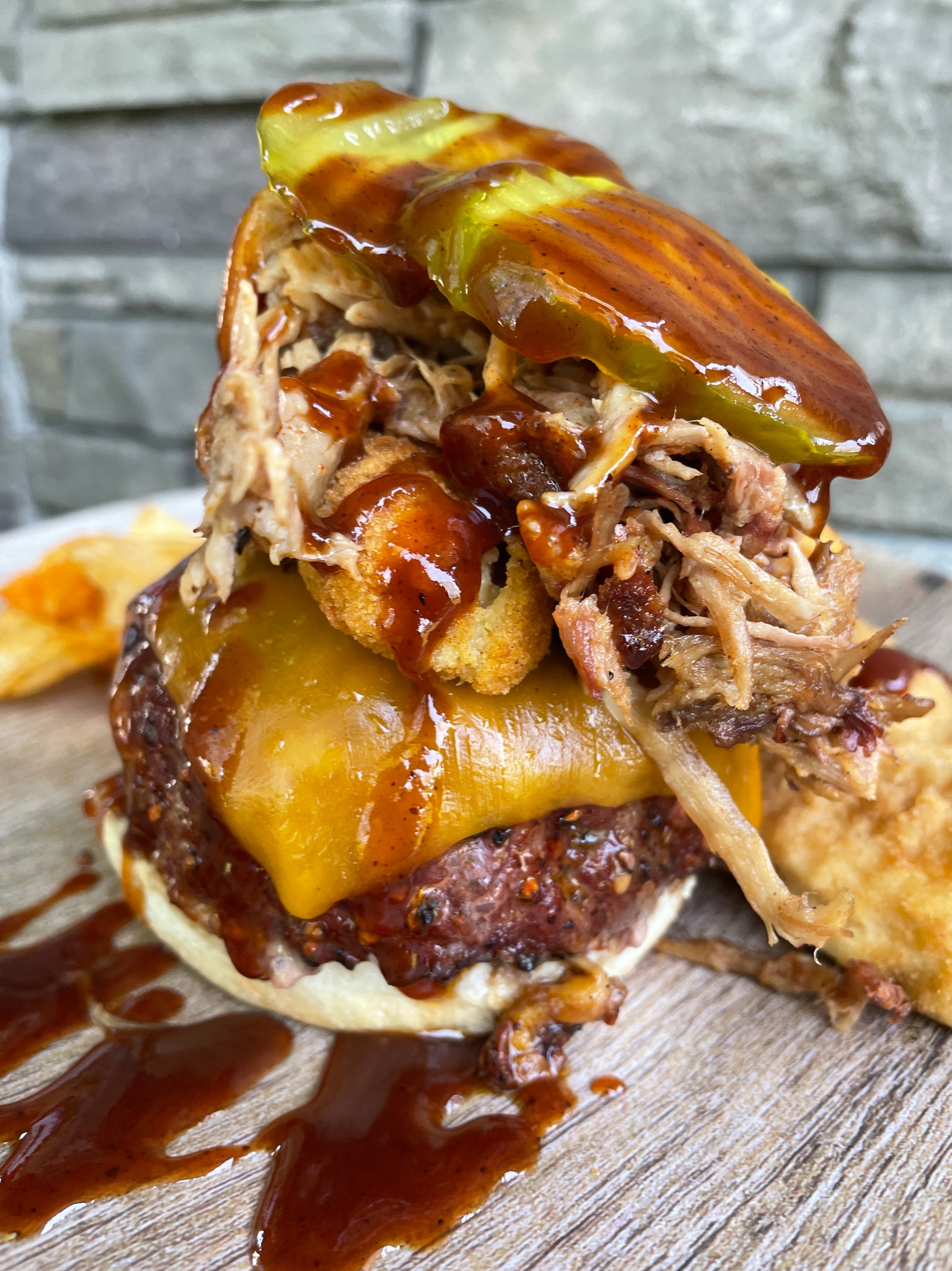 Mile High Smoked Pulled Pork bbq beef burger seasoned with Holy Smokers Gourmet Bacon Hog bbq seasoning. 